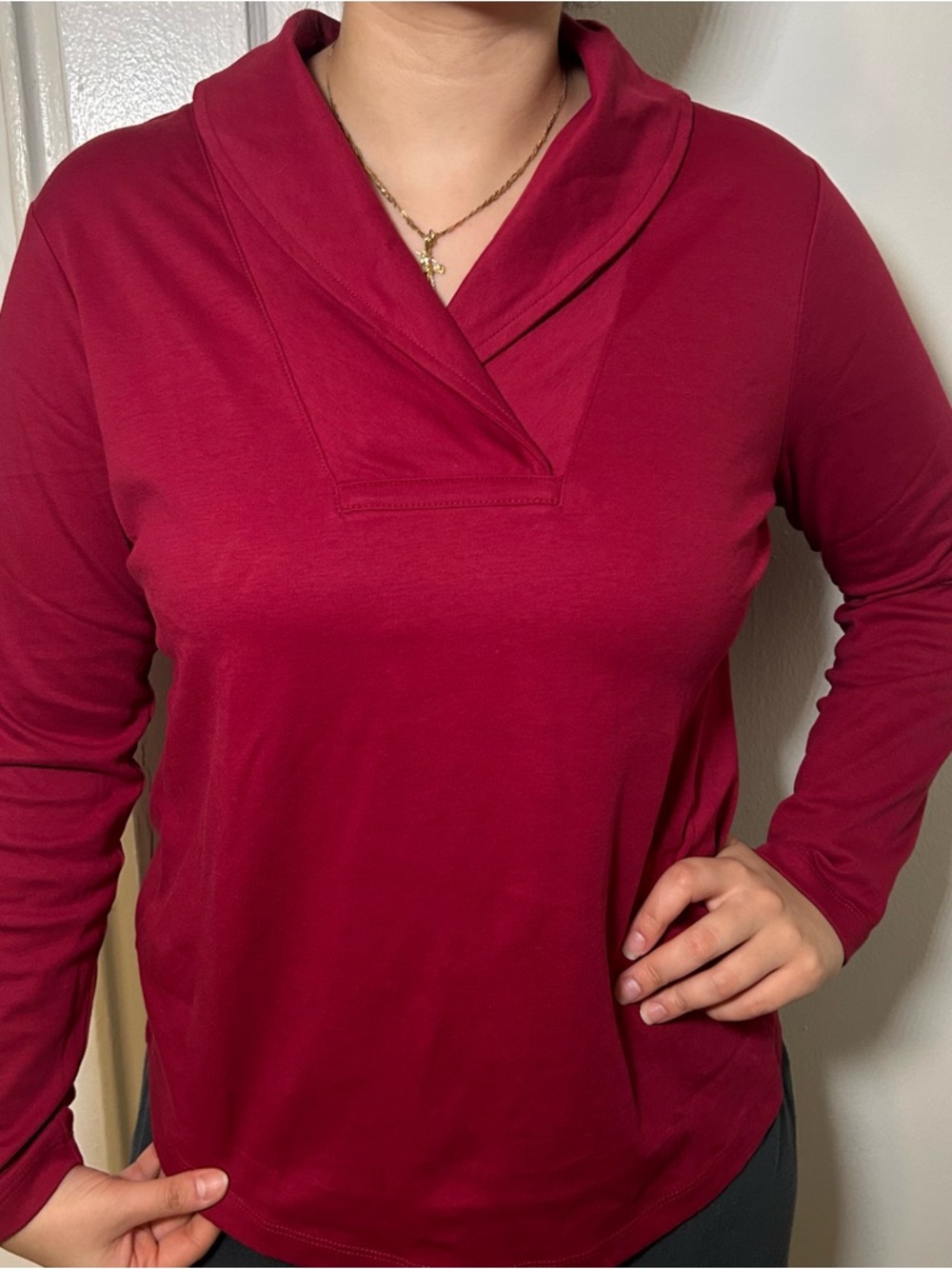 L.L. Bean Shawl-Collar Long-Sleeve Top in Dark Cranberry